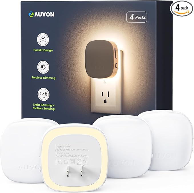 AUVON 4 X Plug-in LED Backlit Night Light with Motion & Dusk to Dawn Sensor | 2200K Soft Warm White Nightlight with 1-50lm Dimmable Brightness for Adults & Kids' Bedroom, Bathroom, Hallway