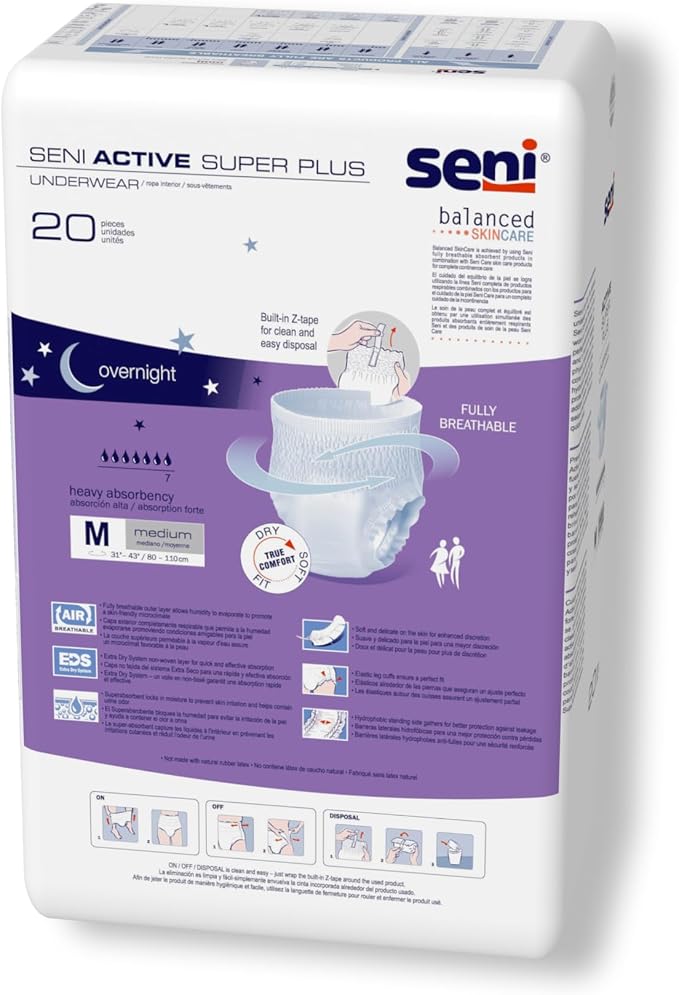 Seni Active Super Plus Unisex Adult Incontinence Underwear, Heavy Absorbency, Pull On Disposable Overnight Underwear for Men & Women (Medium, 20, Count)