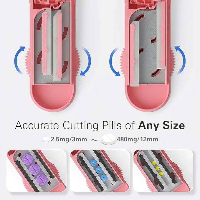 ONE PIX Multiple Pill Cutter Splitter for Small and Tiny Pills, Accurate 1/2 Tablet Splitter with Adjustable Bars & Hidden Blade, Safely Cuts Large Medication for Seniors & Pets, Pink