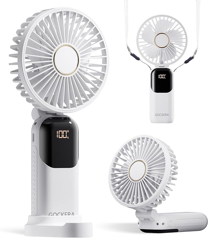 GOCKERA Portable Fan, 4200mAh Battery Operated Fan, 5 Speeds&Digital Display, Makeup Fans for Women with Base, 180°Foldable 3in1 Handheld/Neck/Desk Fan for Outdoor Indoor,Ultra Quiet (White)