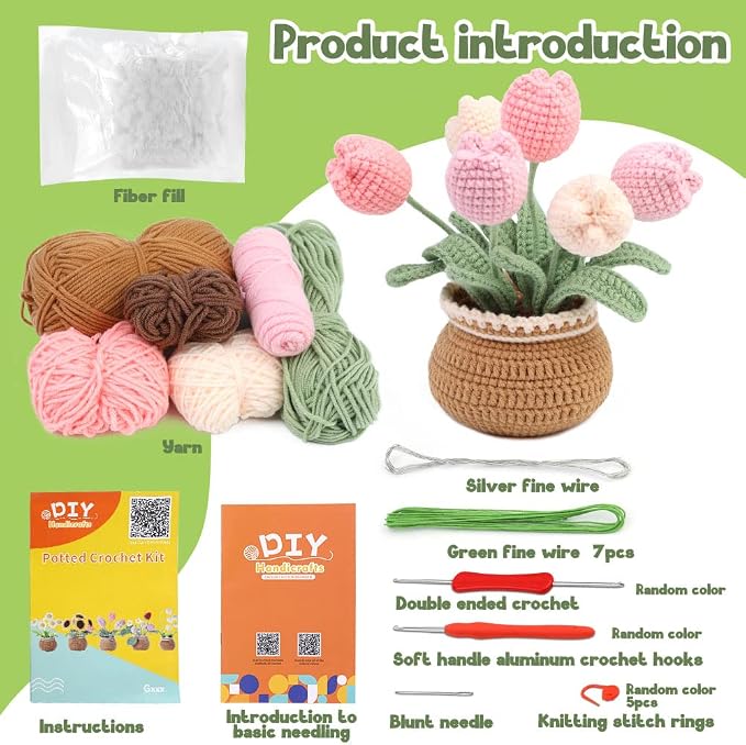 kgxulr Crochet Kit for Beginners, Tulip Crochet Starter Kit Beginner for Complete Beginners Adults, Crocheting Knitting Kit with Step-by-Step Video Tutorials (Tulip)