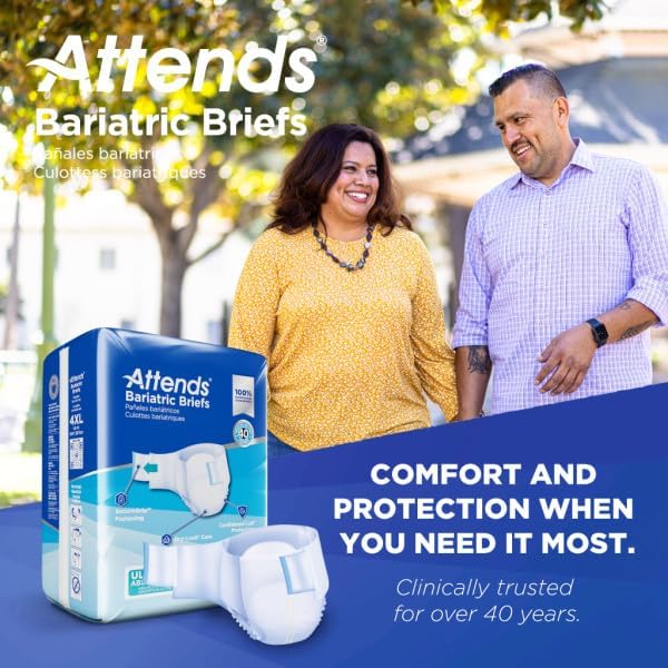 Attends Bariatric Incontinence Disposable Briefs, 4X-Large, Up to 106" Waist with SecureGrip Tab Closure, Ultimate Absorbency, Dry-Lock Containment Core & ConfidenceCuff Leakage Protection, 32ct Case