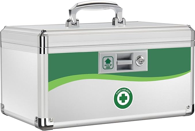 Medicine Lock Box, First Aid Safe Medication Storage Box, Layered Aluminum Daily Medicine Lockable Box with Key (Large)