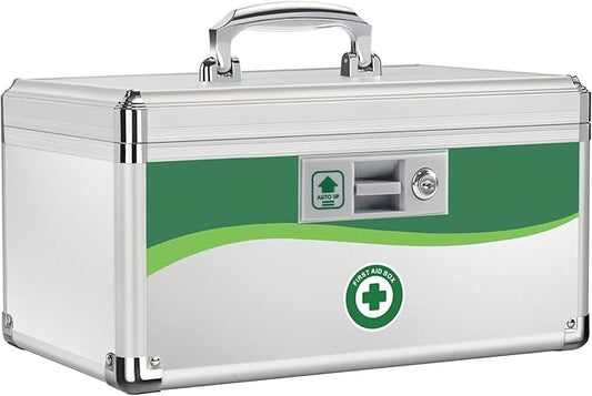 Medicine Lock Box, First Aid Safe Medication Storage Box, Layered Aluminum Daily Medicine Lockable Box with Key (Large)