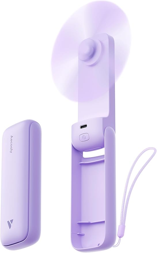 Aecooly Slim Portable Fan 2 Pack, Thin Handheld Fan, USB Rechargeable | Mini Personal [24H Max Cooling Time], Battery Powered Small Foldable Pocket for Travel, Summer, Gifts for Women, Girls-Purple