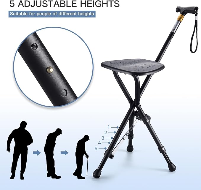 Anti-Slip Walking Cane with Seat Folding Lightweight,Walking Stick Height Adjustment,Portable and Sturdy Cane Chair for Travel Outdoor Use, Queuing, Elderly Women and Men