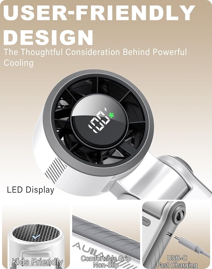 Portable Handheld Turbo Fan - 5 Speed Mini Personal Fan with Strong Airflow, Foldable 3 in 1 Rechargeable Battery Operated Trave Essentials Hand Fans for Indoor/Outdoor Use, White