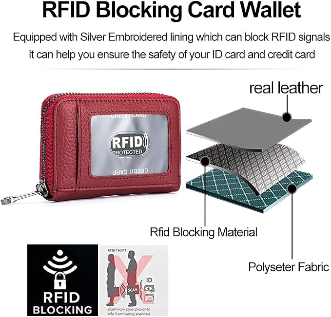 Genuine Leather Credit Card Wallet Accordion Zipper Rfid Credit Card Holder Small Coin Purse with ID Window (wine red)