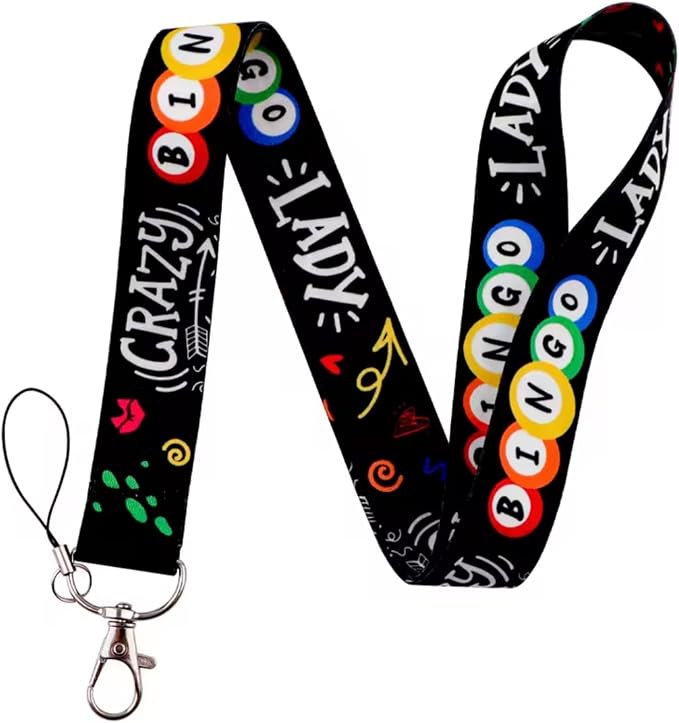 Crazy Bingo Lady Game Chance Gambling Ball Balls Number Numbers Cards Grid Card Senior Senior Center Church 17.7" Neck Lanyard Keychain Holder ID Badge Mobile Phone Pin Strap