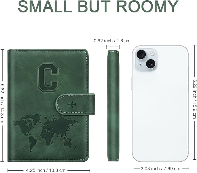 Passport Holder Wallet Cover Personalized Initial Travel Essentials | Embossed Letter A-Z Design, Travel Wallets, RFID Blocking, Passport Book Holders, Women and Men, Personalized Gifts, Green-C