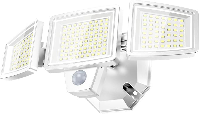 LED Security Lights Motion Sensor Outdoor Lights, 6500K Daylight, IP65 Waterproof, Dusk to Dawn, 3-Head Motion Detected Flood Light for Garage, Yard, Porch, White
