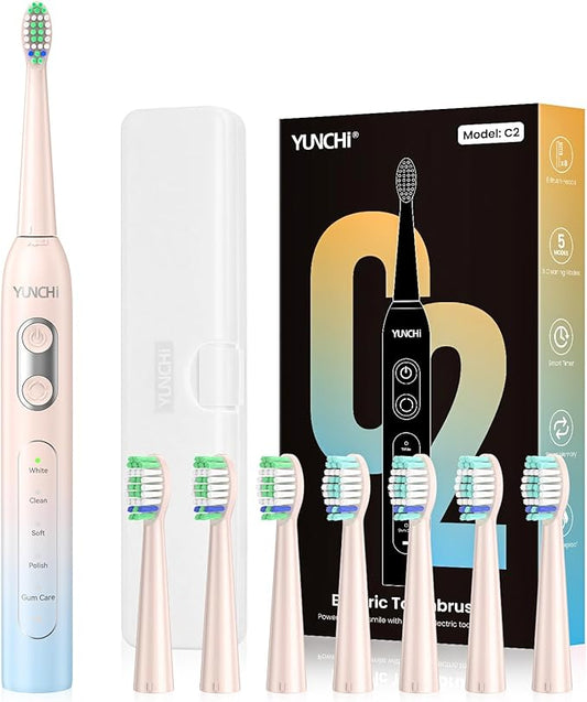 YUNCHI Electric Toothbrush Birthday/Valentine Plastic 8 Dupont Heads 24-Mo Deep Cleans Gentle Gums Removes Stains 3Hr USB-C 90d 2-Min Timer/30s IPX7 - Yellow Blue