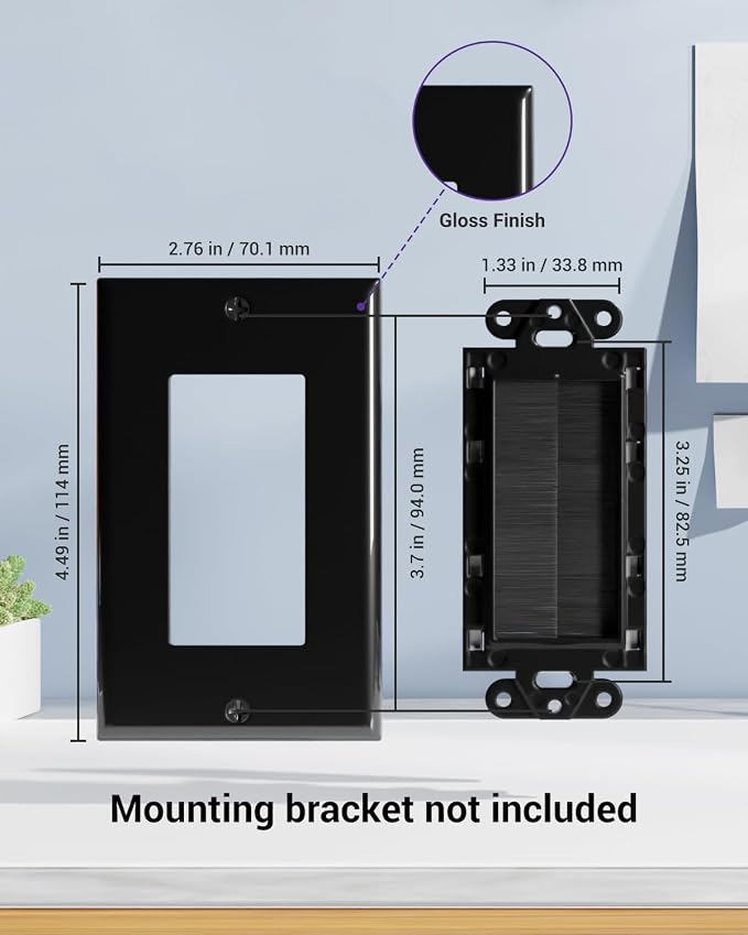 VCE Brush Wall Plate Cable Pass Through, Single Gang Decorator Wall Cover for Low Voltage Cables, In-Wall Cable Management for Wall Mount TV (Black), 2-Pack