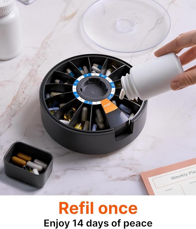 Pill Dispenser 14 Day – Rotating Medicine Organizer Wheel with Push Button | Wall Mounted or Desktop Manual Pill Dispenser for Elderly & Seniors, Large Capacity Vitamin & Medication Organizer