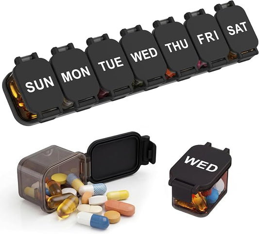 Yaklim Extra Large Weekly Pill Organizer - Waterproof 7-Day Pill Box, Portable Vitamin & Supplement Case, Easy to Open Design, Ideal for Travel and Daily Medication Management (Black)