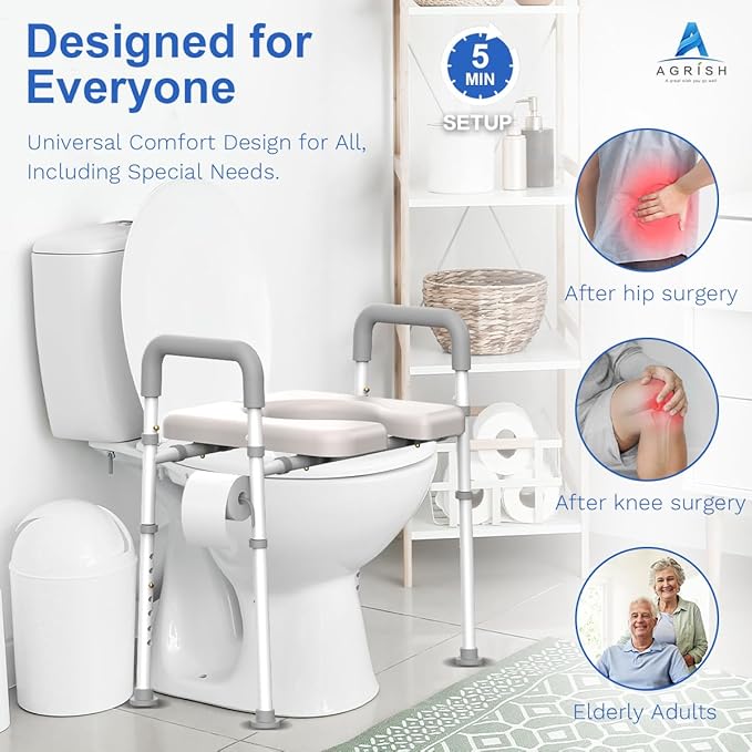 Raised Toilet Seat with Handles - Width & Height Adjustable Toilet Seat Risers for Seniors, Heavy Duty Handicap Toilet Riser, Fit Any Toilet, Up to 400lbs