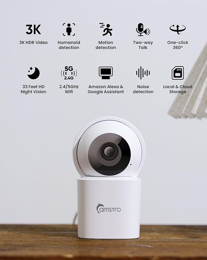 3K Indoor Security Camera,360°PTZ Home Baby/Pet Monitor,Auto Tracking,5MP Night Vision,2.4/5GHz WiFi,Motion & Sound Detection,2-Way Audio,SD Card/Cloud Storage,Works with Alexa,No Monthly Fee