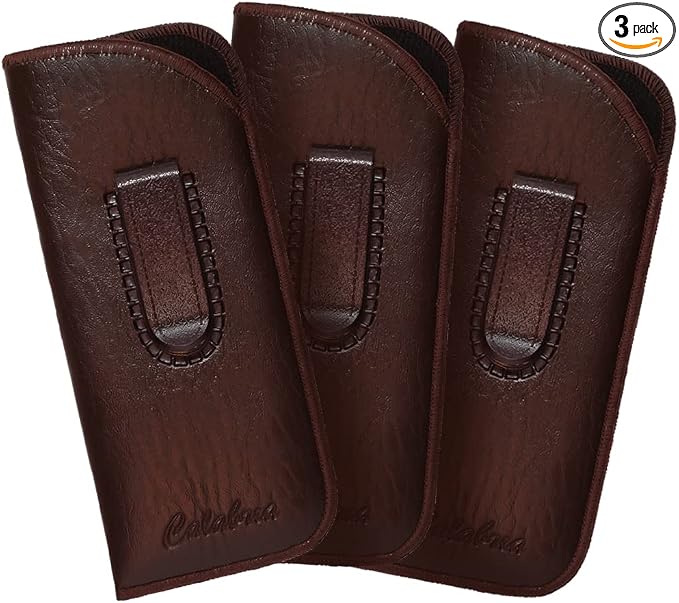 Calabria Slim Eye Glasses Case with Clip Soft PU Leather Brown (3Pack) Men Women Eyeglass Pouch Slip-In Eyewear Sunglasses Bag
