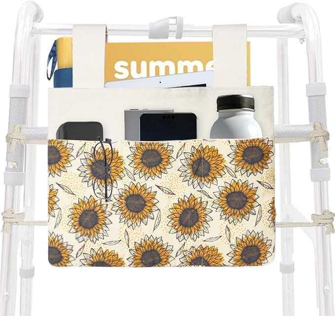 Walker Bag, Washable Walker Accessories Storage Bags with Cup Holder, Handy Walker Basket Pouch Tote Bag for Folding Walker, Wheelchairs, Strollers (Yellow Sunflower)