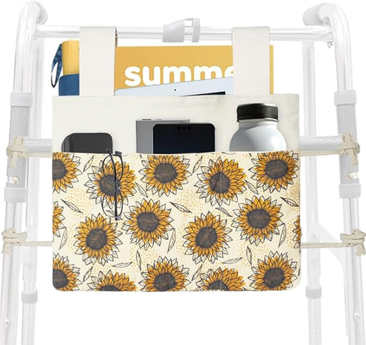 Walker Bag, Washable Walker Accessories Storage Bags with Cup Holder, Handy Walker Basket Pouch Tote Bag for Folding Walker, Wheelchairs, Strollers (Yellow Sunflower)
