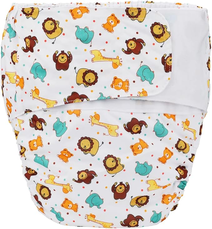 Large Teen Adult Cloth Diaper Nappy Reusable Washable Disability Hook and Loop (Lions Elephants (Large 26in to 50in))