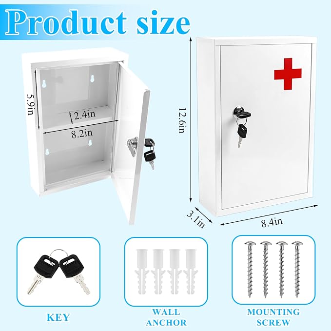 Wall Mount Locking Medicine Cabinet Box, 2-Tier Medicine Lock Box with Key | First Aid Cabinet Organizer, Secure Steel Locking Medical Storage for Home, School