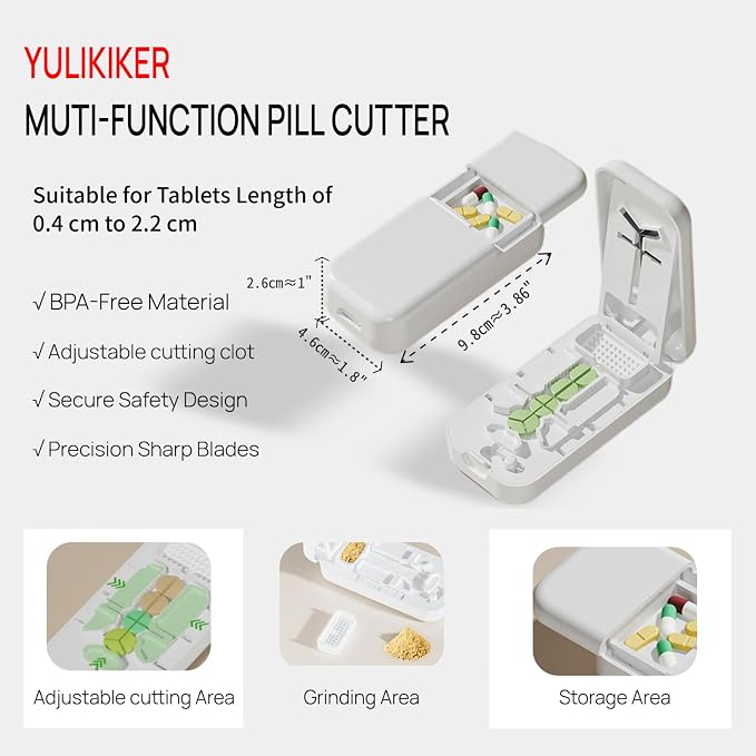 Pill Cutter 1/4 with Centering Device Safety Blades for Small and Large Tablets, 3 in 1 Version Works for Quarters, Thirds and Halves