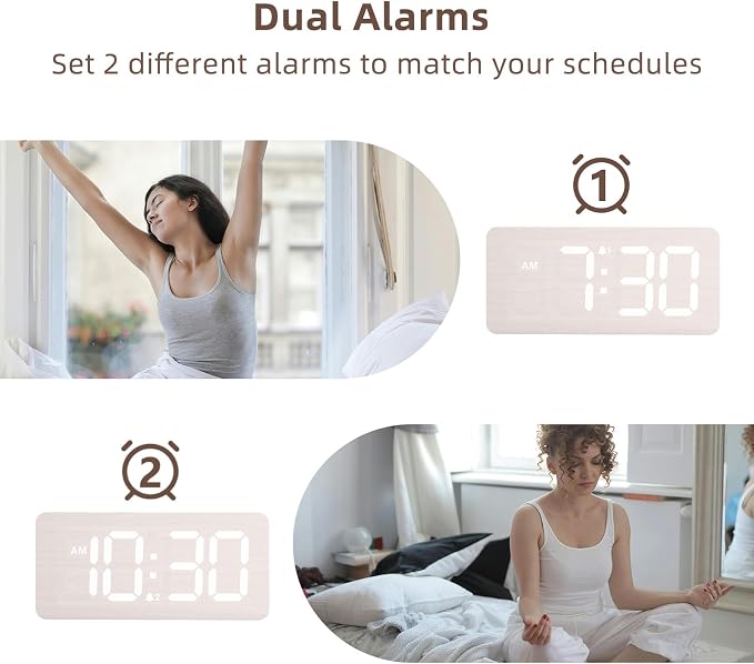 uscce Wooden Digital Alarm Clocks for Bedrooms with 0-100% Dimmable Display | Desk Clock with Large Numbers for Living Room - Loud Dual Alarm for Heavy Sleepers with Volume Control - Wood Decor & Gifts