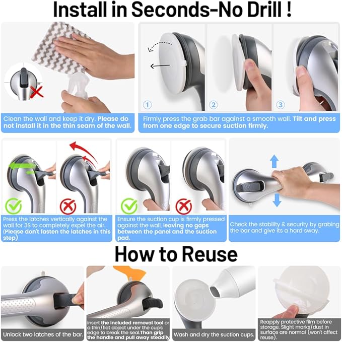 2 Pack Grab Bars for Shower Handle, Elderly Assistance Products, Seniors Removable Bar Safety, Suction Cup Handles for Bathtubs and Showers/Bathroom/Walls, Heavy Duty Handrails Grip,No Drilling Sliver