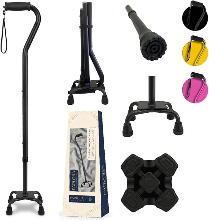 PARLORA Walking Cane 4 Prong for Stability - 3-in-1 Foldable Heavy Duty Cane with Interchangeable Quad & Single Bases, 8 Adjustable Heights, Offset Handle & Wrist Strap for Women, Men & Seniors