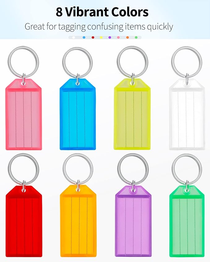 Uniclife 40 Pack Plastic Key Tags with Split Ring Label Window, 8 Colors | Tough plastic key tags with writable blank paper labels and clear covers keep labels protected, visible and easy to identify