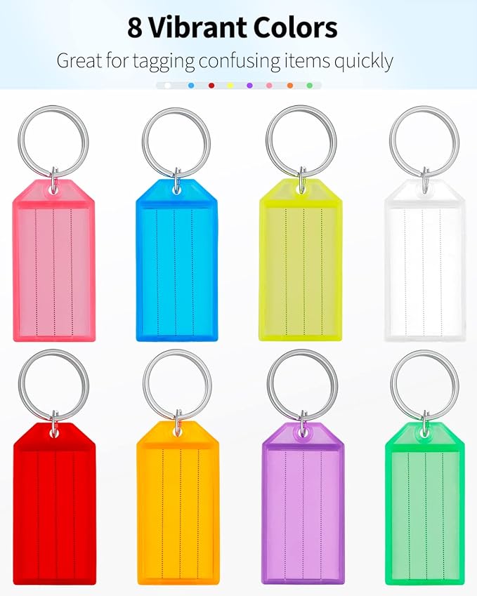 Uniclife 80 Pack Plastic Key Tags with Split Ring Label Window, 8 Colors | Tough plastic key tags with writable blank paper labels and clear covers keep labels protected, visible and easy to identify