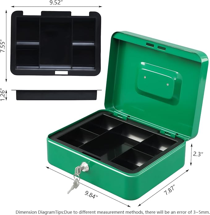 KYODOLED Large Lock Box with Money Tray,Storage Cash Box with Lock,Safe Metal Box for Money,9.84"x 7.87"x 3.54" Green Large