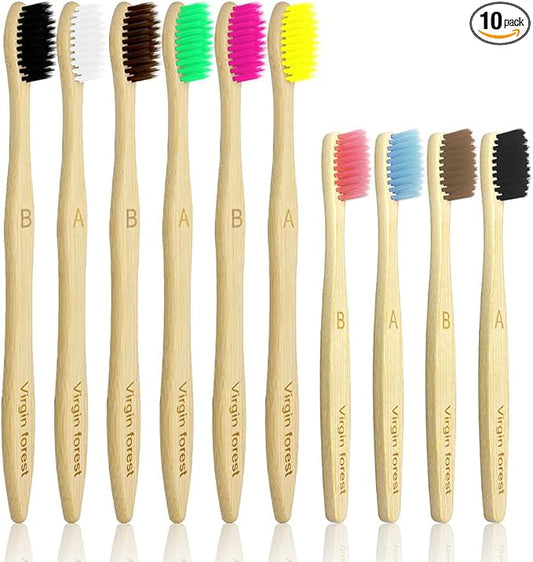 Virgin Forest Kids Bamboo Toothbrush, Eco Friendly Toothbrushes, BPA Free Soft Bristle for Assorted Colors Adults and Children (6+4 Pack)