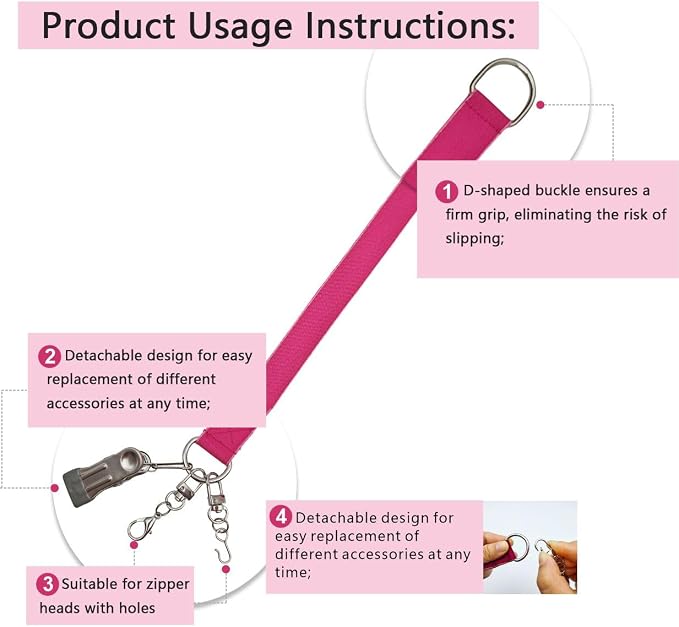 Detachable Zipper Puller Helper for Dress and Boots, Effortless Zipping with Hook and Clip for Various Types of Zippers (Rose Red)