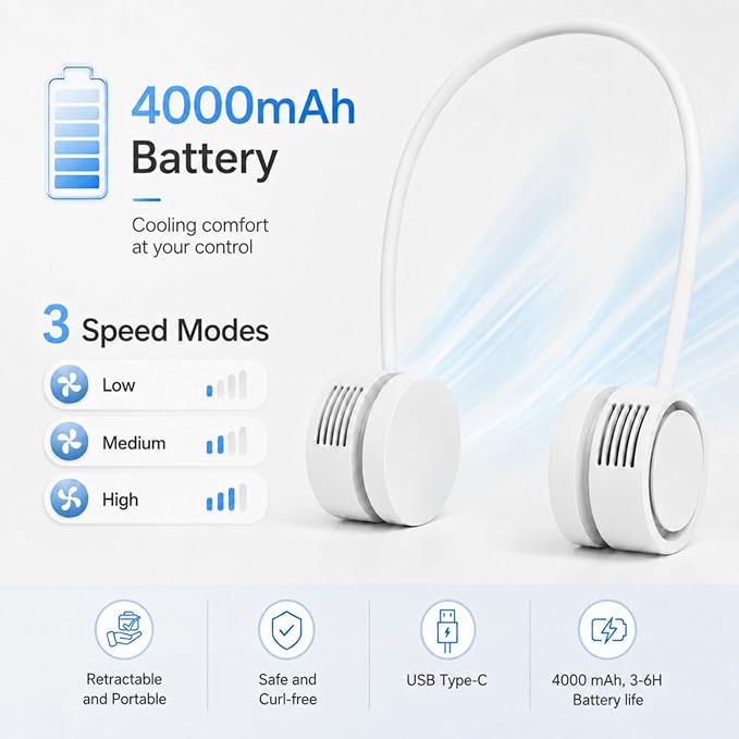 Neck Fan, Portable Bladeless Neck Fans, 4000mAh Foldable Rechargeable Bladeless Fan, 3 Speeds & Enhanced Cooling Power, Hands-Free USB Personal Fan for Men, Women, Outdoor, Travel, Ideal Gift(White)