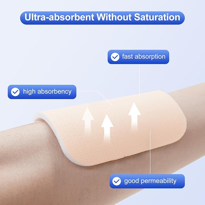 Niceful Silver Silicone Adhesive Foam Dressing Without Border, 4"×4" Ag Sterile Highly Absorbent Wound Dressing, 5 Count