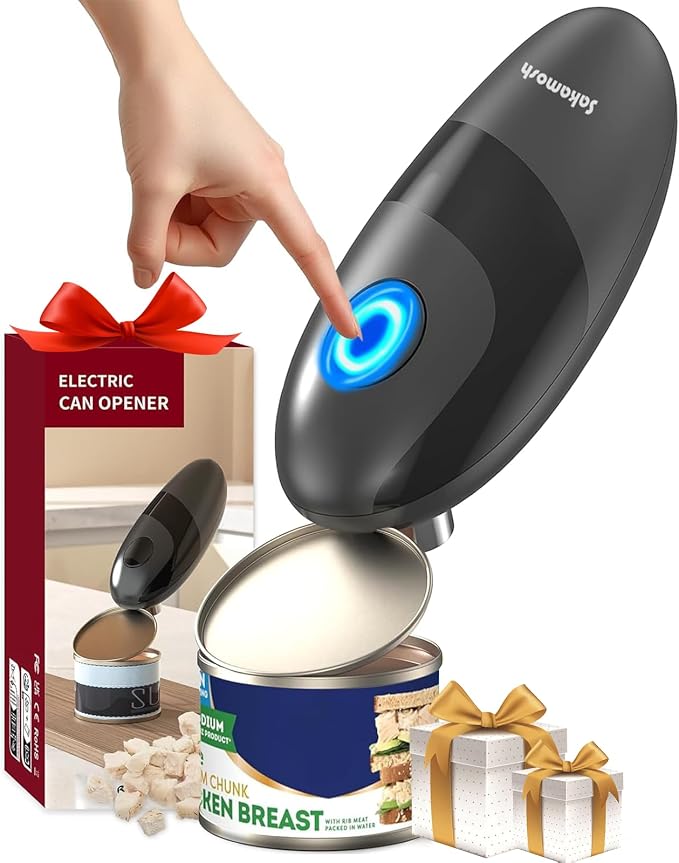 SAKAMOSH Electric Can Opener Smooth Edge | Seniors-friendly One-Touch Operation, Safe & Smooth Edges, Fits Most Cans, Ideal Kitchen Gift, Battery Operated, Black
