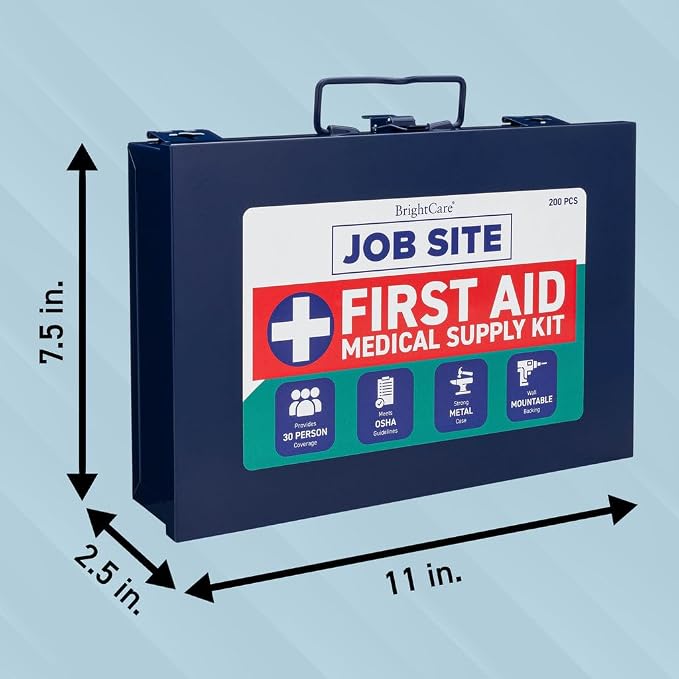 First Aid Kit for Job Site, Contruction & Contractor, Metal Case, 200 Piece | OSHA Compliant, Heavy Duty, Wall Mount & Portable