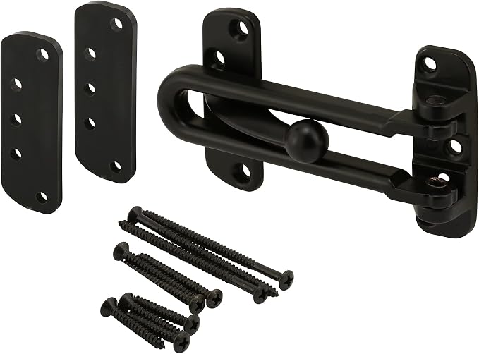 Prime-Line U 11446 Diecast Security Swing Bar Lock for Hinged Swing-In Doors, 3-7/8 Inch Bar Length by 2-1/2 Inch Height, Matte Black, Set of 1