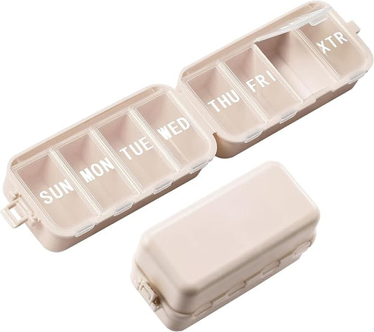 NEW Foldable Weekly Pill Organizer with Extra Grid, Portable 7 Day Pill Box Once / 1 Time a Day, Week Daily Medicine Organizer - Large Travel Pill Case Holder Dispenser for Vitamin, Supplement-Khaki