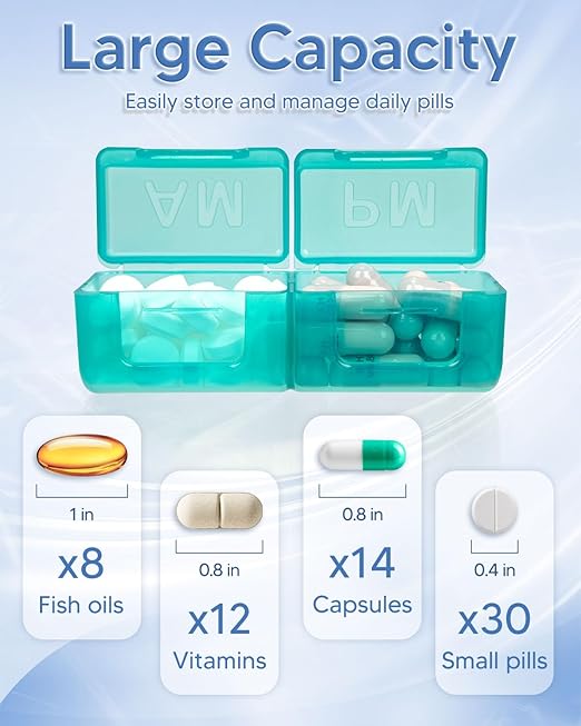 Monthly Pill Organizer 2 Times a Day – Yonlog Large Medicine Box with Weekly Travel Bag, Pill Cutter, Easy-Open Pick, Pill Taker Tool, and 2 Medication Stickers (Green, 2 Times a Day)