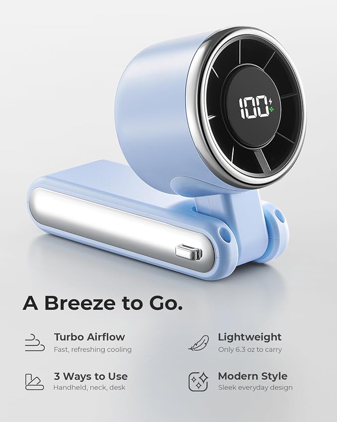 Portable Handheld Turbo Fan - 5 Gear High Speed 4000mAh Rechargeable Mini Personal Hand Fan Blow Cold Air, Battery Operated Travel Essentials, Gifts for Women, Men (Dew Drop Blue)