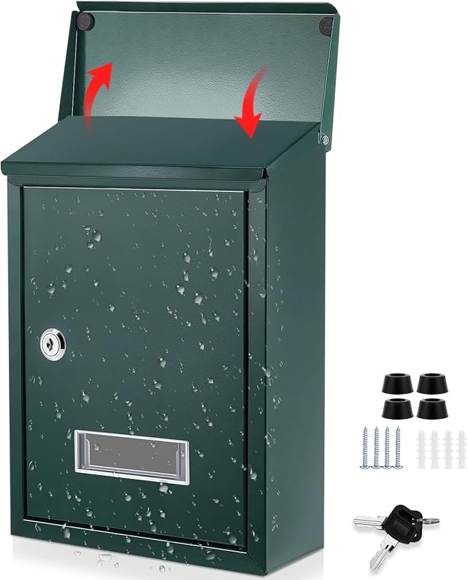 Amylove Weatherproof Mail Boxes with Key Lock, Security Locking Wall Mount Metal Mailbox with Slot for Outside, Large Capacity for Mail, Packages, Donations, Voting 11.8" H x 8.3" L x 2.8" W, Green