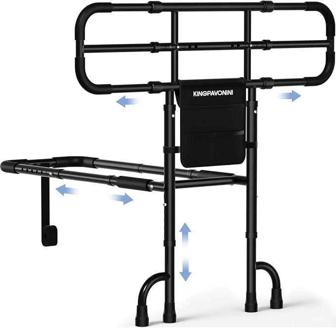 KingPavonini Bed Rail with Ultra-Wide Extendable Handle, 400 LB, Model GL05 | ASTM-Approved, Bed Rails for Elderly Adults Safety, 4-Point Dual Support, Tool-Free Bed Rails for Seniors & Post Surgery