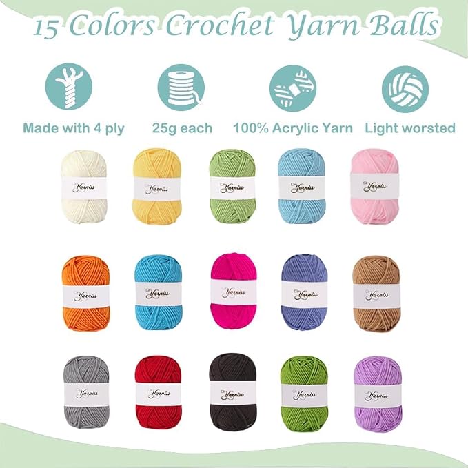 Yarniss Crochet Kits with Case, Beginner Crochet Set Includes 1050 Yards Crochet Yarn & 12 Size Ergonomic Crochet Hooks,Mint