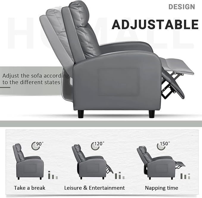 Homall Recliner Chair, Recliner Sofa PU Leather for Adults, Grey Recliners | Home Theater Seating with Lumbar Support, Reclining Sofa Chair for Living Room
