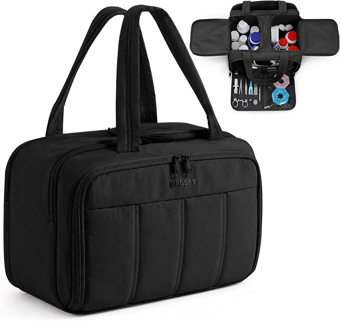 Travel Medicine Storage Bag with 2 Compartments, Wide-Mouth Medical Organizer, Puffy Lightweight First Aid Bag for Prescription Bottles, Pill Cases, Medical Supplies & Family Emergency Essentials