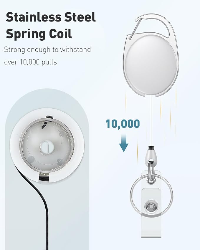 Uniclife 2 Pcs Retractable Badge Reel Keychain Clip for Badge Holder White | Heavy Duty, ID Card Badge Extender, White Gift for Her, Retractable Cord Reel Clip, with Carabiner Belt Clip and Key Ring