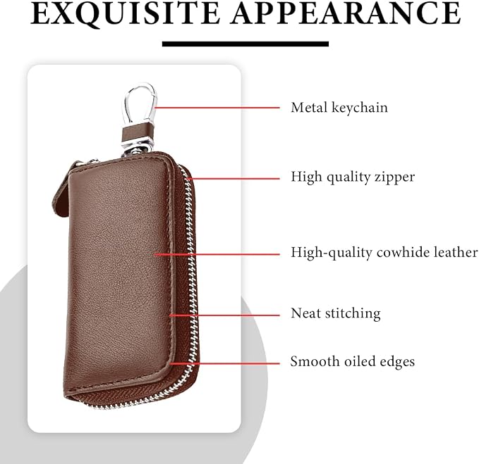 Leather Car Key Holder Bag, Unisex Key Fob Case with 6 Hooks, Zipper Closure Keychian Case Wallet for Smart Keys (Brown)
